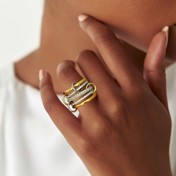 Women’s Gold Plated Copper Stackable Rings Two Tone Multi-Link Jewelry - Picture 2 of 7